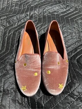 Pink Velvet Slip-On Loafers with Gold Star Embroidery